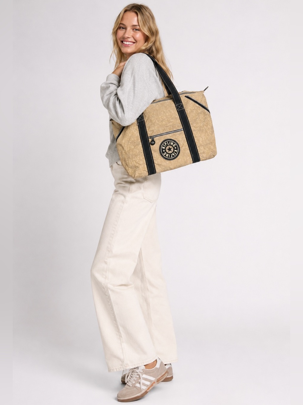 Kipling Khaki Travel Tote with Black Straps Details